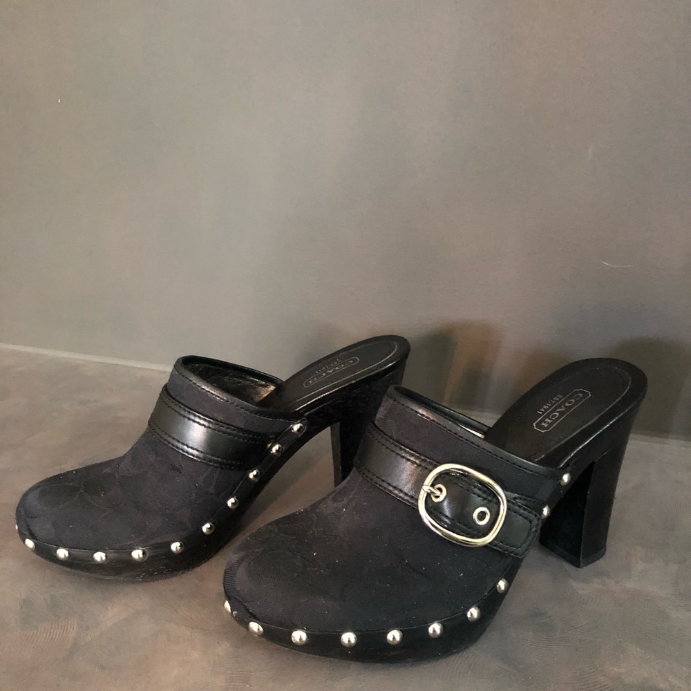 Black Coach clogs with silver buckle